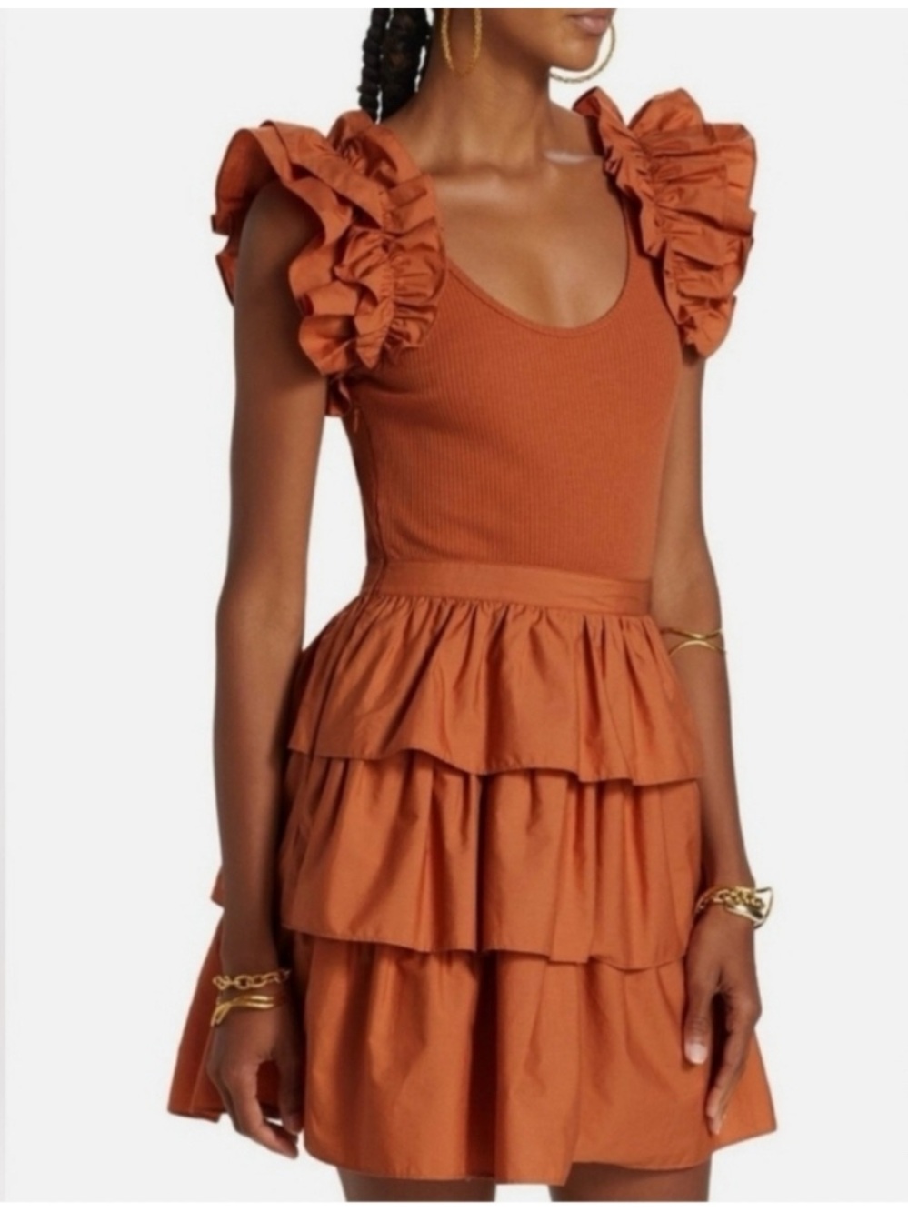 Ulla Johnson Hanna Rust Ruffle Sleeve Tiered Mini Dress size 8 NWT Women